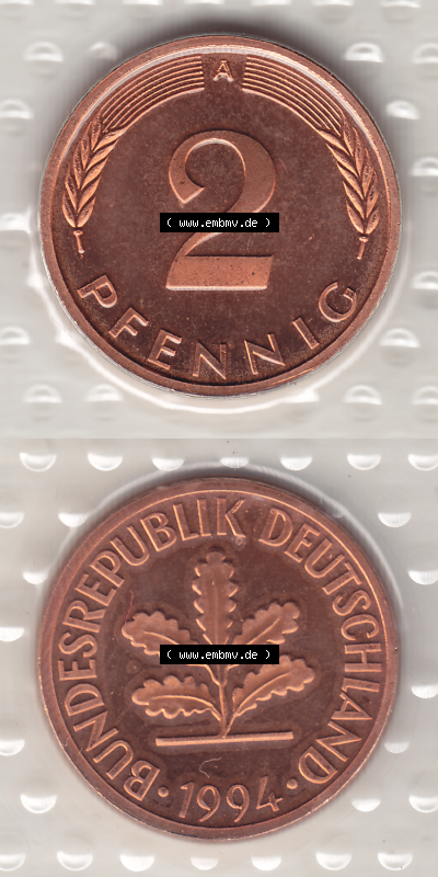 BRD Münzen KMS / Kursmünzensatz 1991-2001, 2 Pfennig 1994 Sammlung
