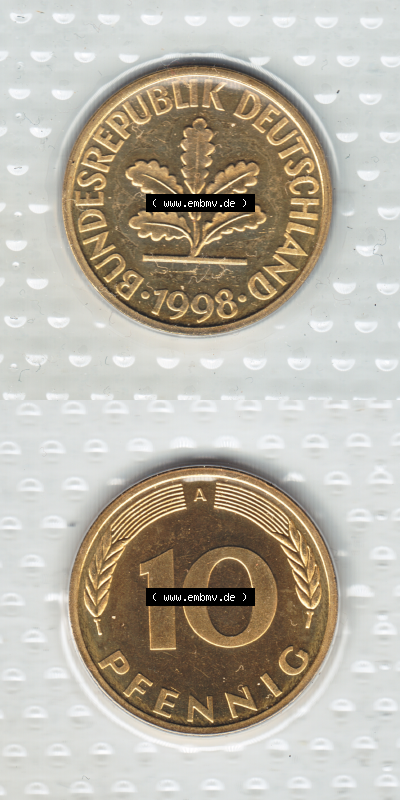 Münze der BRD-Deutschland 1998, Mzz. A für Berlin, 10 Pfennig VS+RS vertikal Farbe Sammlung