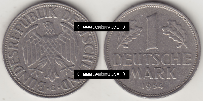 BRD Münze Deutschland Original Bild in PNG 1950-2001, 1 Eine Deutsche Mark, 1954 G-3 VS+RS horizontal Farbe (1) - Digitalisierte... Sammlung