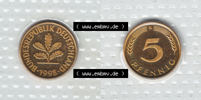 Münze der BRD-Deutschland 1998, Mzz. A für Berlin, 5 Pfennig VS+RS horizontal Farbe Sammlung
