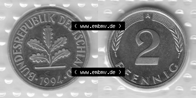 BRD-Deutschland Münzen 1994, 2 Pfennig Graustufen VS+RS horizontal Sammlung