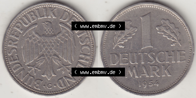 BRD Münze Deutschland Original Bild in PNG 1950-2001, 1 Eine Deutsche Mark, 1954 G-4 VS+RS horizontal Farbe (1) - Digitalisierte... Sammlung