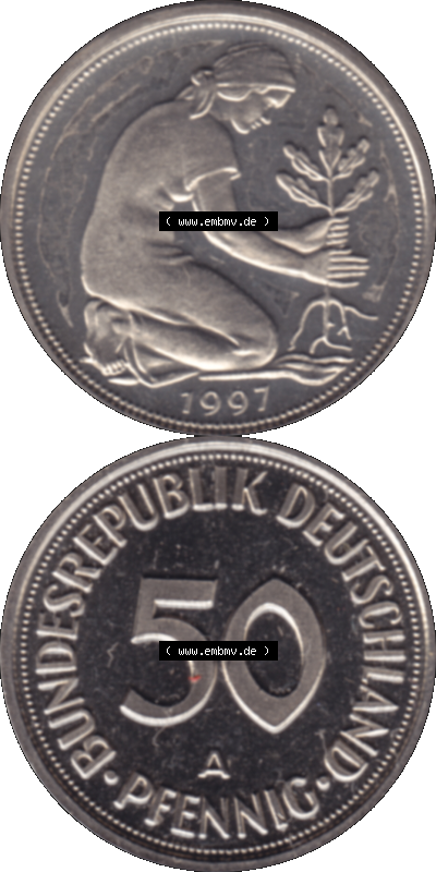 Münze der BRD-Deutschland 1997 Mzz. A für Berlin, 50 Deutsche Pfennig transparente VS+RS vertikal Farbe Sammlung
