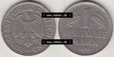 BRD Münze Deutschland Original Bild in PNG 1950-2001, 1 Eine Deutsche Mark, 1954 G-2 VS+RS horizontal Farbe (1) - Digitalisierte... Sammlung