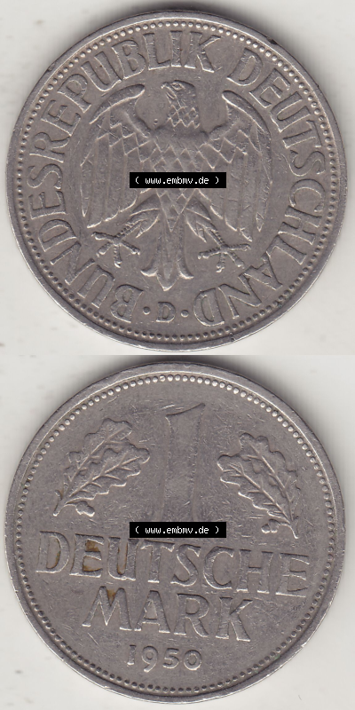 BRD Münze Deutschland Original Bild in PNG 1950-2001, 1 Eine Deutsche Mark, 1950 D-4 VS+RS vertikal Farbe (1) - Digitalisierte... Sammlung