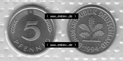 BRD-Deutschland Münzen 1994, 5 Pfennig Graustufen RS+VS horizontal Sammlung