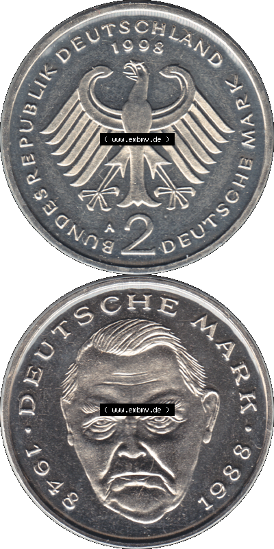 Münze der BRD-Deutschland 1998, Mzz. A für Berlin, Zwei 2 DM-Deutsche Mark Transparent Ludwig Erhard VS+RS vertikal Farbe Sammlung