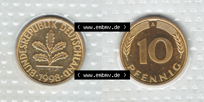 Münze der BRD-Deutschland 1998, Mzz. A für Berlin, 10 Pfennig VS+RS horizontal Farbe Sammlung