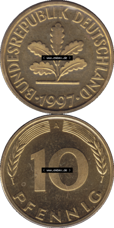 Münze der BRD-Deutschland 1997 Mzz. A für Berlin, 10 Deutsche Pfennig transparente VS+RS vertikal Farbe Sammlung