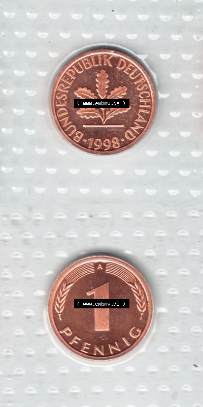 Münze der BRD-Deutschland 1998, Mzz. A für Berlin, 1 Pfennig VS+RS vertikal Farbe Sammlung