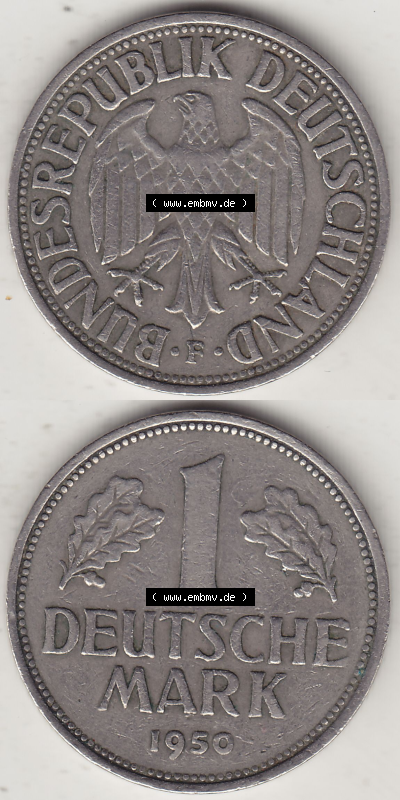 BRD Münze Deutschland Original Bild in PNG 1950-2001, 1 Eine Deutsche Mark, 1950 F-3 VS+RS vertikal Farbe (1) - Digitalisierte... Sammlung