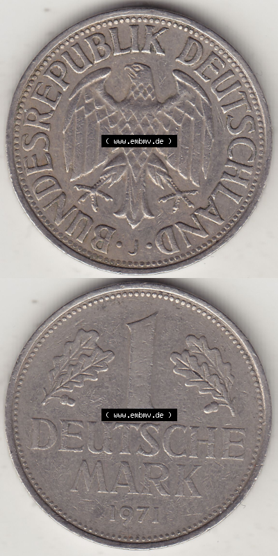 BRD Münze Deutschland Original Bild in PNG 1950-2001, 1 Eine Deutsche Mark, 1971 J-1 VS+RS vertikal Farbe (1) - Digitalisierte... Sammlung