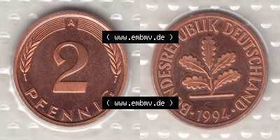 BRD Münzen KMS / Kursmünzensatz 1991-2001, 2 Pfennig 1994 Sammlung