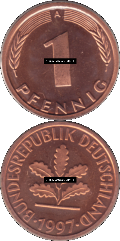 Münze der BRD-Deutschland 1997 Mzz. A für Berlin, 1 Deutscher Pfennig transparent RS+VS vertikal Farbe Sammlung