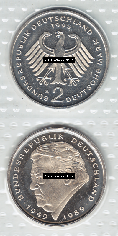 Münze der BRD-Deutschland 1998, Mzz. A für Berlin, 2 DM-Deutsche Mark Franz Josef Strauß VS+RS vertikal Farbe Sammlung