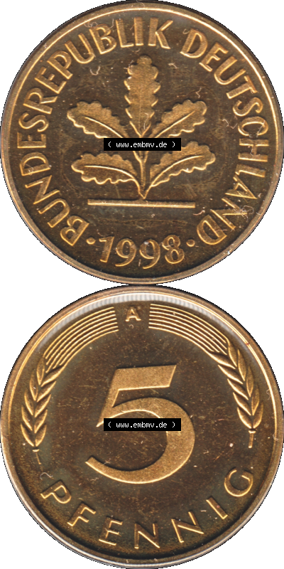 Münze der BRD-Deutschland 1998, Mzz. A für Berlin, Fünf 5 Pfennig Transparent VS+RS vertikal Farbe Sammlung