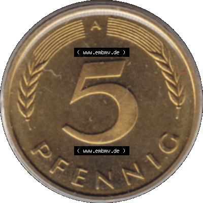 Münze der BRD-Deutschland 1997 Mzz. A für Berlin, 5 Deutscher Pfennig transparent Rückseite Sammlung