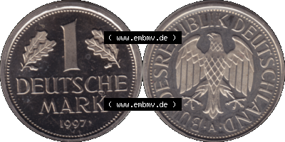 Münze der BRD-Deutschland 1997 Mzz. A für Berlin, 1 Deutsche Mark RS+VS horizontal Farbe Sammlung