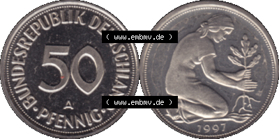 Münze der BRD-Deutschland 1997 Mzz. A für Berlin, 50 Deutsche Pfennig transparente RS+VS horizontal Farbe Sammlung