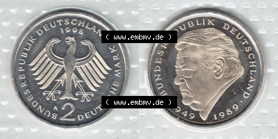 Münze der BRD-Deutschland 1998, Mzz. A für Berlin, 2 DM-Deutsche Mark Franz Josef Strauß VS+RS horizontal Farbe Sammlung