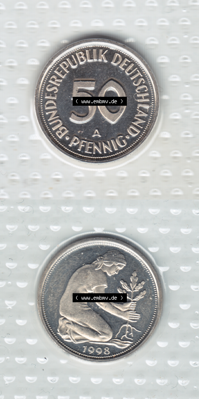 Münze der BRD-Deutschland 1998, Mzz. A für Berlin, 50 Pfennig RS+VS vertikal Farbe Sammlung