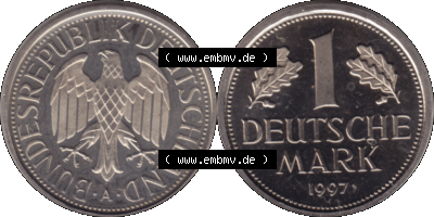 Münze der BRD-Deutschland 1997 Mzz. A für Berlin, 1 Deutsche Mark VS+RS horizontal Farbe Sammlung