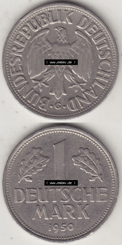BRD Münze Deutschland Original Bild in PNG 1950-2001, 1 Eine Deutsche Mark, 1950 G-1 VS+RS vertikal Farbe (1) - Digitalisierte... Sammlung