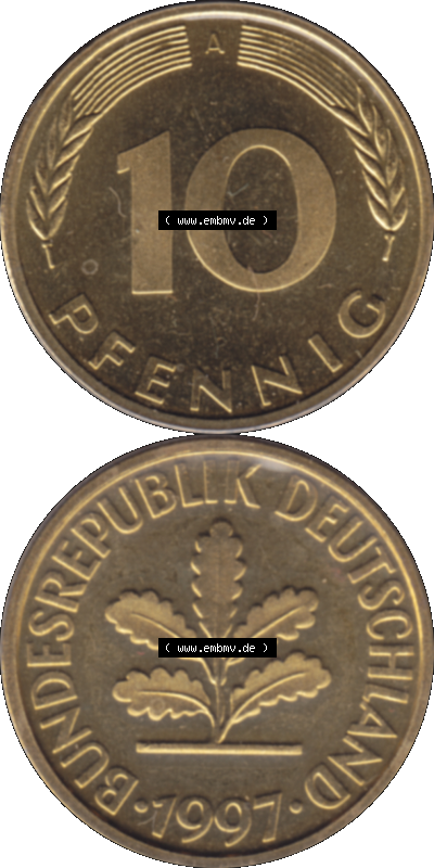 Münze der BRD-Deutschland 1997 Mzz. A für Berlin, 10 Deutsche Pfennig transparente RS+VS vertikal Farbe Sammlung