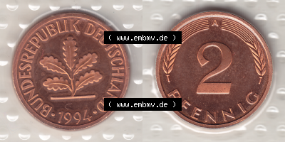 BRD Münzen KMS / Kursmünzensatz 1991-2001, 2 Pfennig 1994 Sammlung