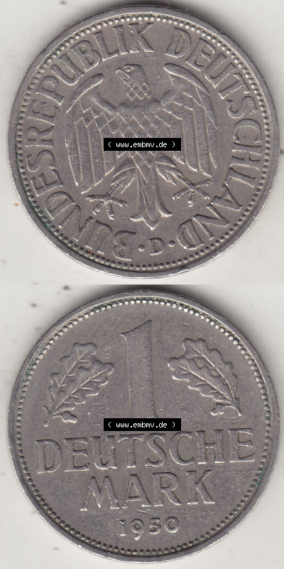 BRD Münze Deutschland Original Bild in PNG 1950-2001, 1 Eine Deutsche Mark, 1950 D-1 VS+RS vertikal Farbe (1) - Digitalisierte... Sammlung