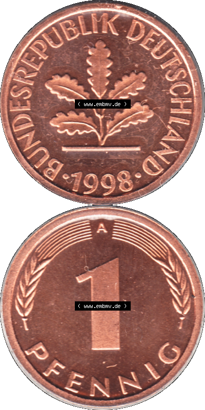 Münze der BRD-Deutschland 1998, Mzz. A für Berlin, Eine 1 Pfennig Transparent VS+RS vertikal Farbe Sammlung