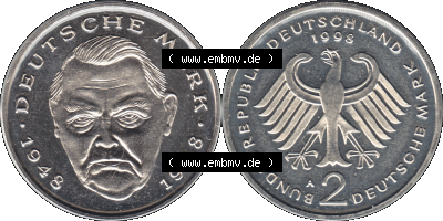 Münze der BRD-Deutschland 1998, Mzz. A für Berlin, Zwei 2 DM-Deutsche Mark Transparent Ludwig Erhard RS+VS horizontal Farbe Sammlung