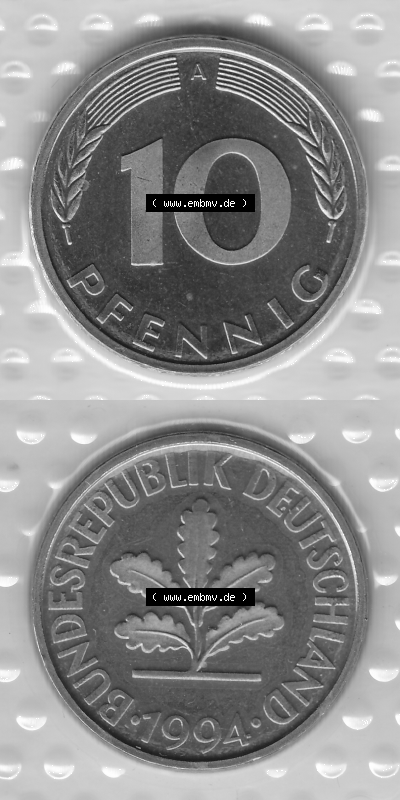 BRD-Deutschland Münzen 1994, 10 Pfennig Graustufen RS+VS vertikal Sammlung