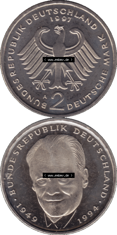 Münze der BRD-Deutschland 1997 Mzz. A für Berlin, 2 Deutsche Mark Gedenkmünze Willy Brandt VS+RS vertikal Farbe Sammlung