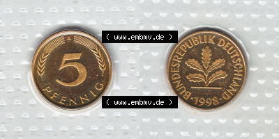 Münze der BRD-Deutschland 1998, Mzz. A für Berlin, 5 Pfennig RS+VS horizontal Farbe Sammlung