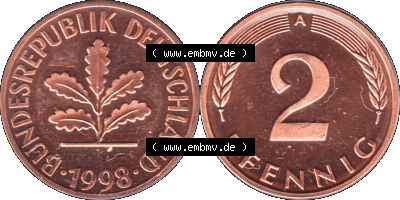 Münze der BRD-Deutschland 1998, Mzz. A für Berlin, Zwei 2 Pfennig Transparent VS+RS horizontal Farbe Sammlung