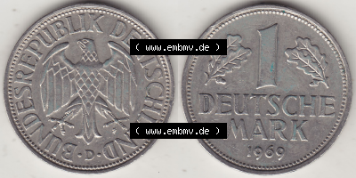 BRD Münze Deutschland Original Bild in PNG 1950-2001, 1 Eine Deutsche Mark, 1969 D-1 VS+RS horizontal Farbe (1) - Digitalisierte... Sammlung