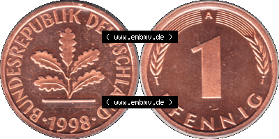 Münze der BRD-Deutschland 1998, Mzz. A für Berlin, Eine 1 Pfennig Transparent VS+RS horizontal Farbe Sammlung