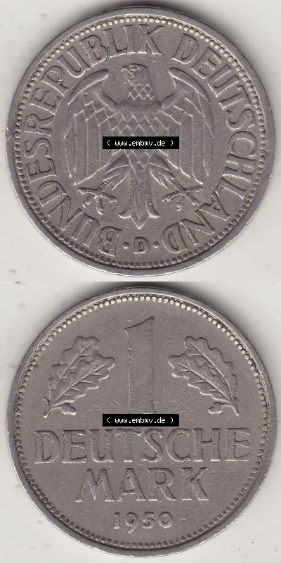 BRD Münze Deutschland Original Bild in PNG 1950-2001, 1 Eine Deutsche Mark, 1950 D-6 VS+RS vertikal Farbe (1) - Digitalisierte... Sammlung