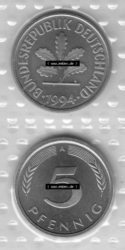 BRD-Deutschland Münzen 1994, 5 Pfennig Graustufen VS+RS vertikal Sammlung
