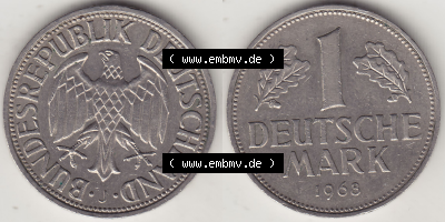 BRD Münze Deutschland Original Bild in PNG 1950-2001, 1 Eine Deutsche Mark, 1968 J-1 VS+RS horizontal Farbe (1) - Digitalisierte... Sammlung