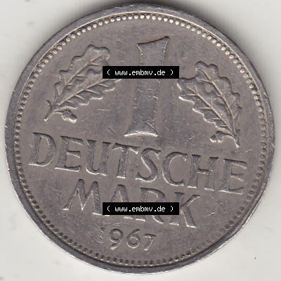 BRD Münze Deutschland Original Bild in PNG 1950-2001, 1 Eine Deutsche Mark, 1967 J-1 Rückseite (1) - Digitalisierte Deutsche... Sammlung