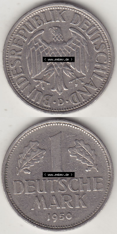 BRD Münze Deutschland Original Bild in PNG 1950-2001, 1 Eine Deutsche Mark, 1950 D-7 VS+RS vertikal Farbe (1) - Digitalisierte... Sammlung
