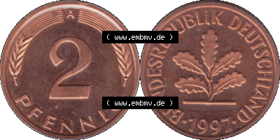 Münze der BRD-Deutschland 1997 Mzz. A für Berlin, 2 Deutscher Pfennig transparent RS+VS horizontal Farbe Sammlung