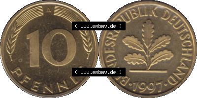 Münze der BRD-Deutschland 1997 Mzz. A für Berlin, 10 Deutsche Pfennig transparente RS+VS horizontal Farbe Sammlung