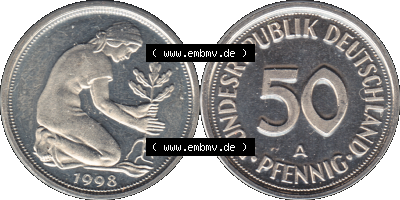 Münze der BRD-Deutschland 1998, Mzz. A für Berlin, 50 Pfennig Transparent VS+RS horizontal Farbe Sammlung