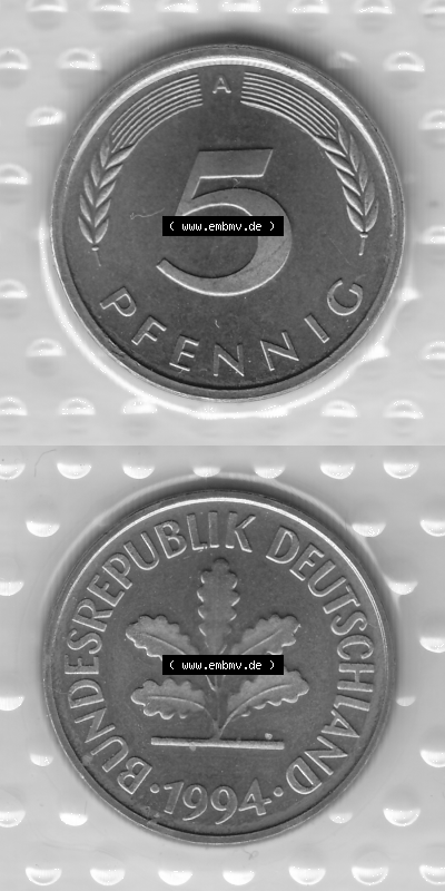 BRD-Deutschland Münzen 1994, 5 Pfennig Graustufen RS+VS vertikal Sammlung