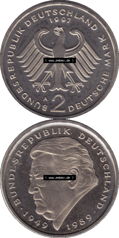 Münze der BRD-Deutschland 1997 Mzz. A für Berlin, 2 Deutsche Mark Gedenkmünze Franz Josef Strauß VS+RS vertikal Farbe Sammlung