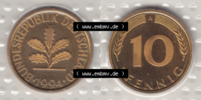 BRD Münzen KMS / Kursmünzensatz 1990-2001, 10 Pfennig 1994 Sammlung
