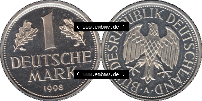Münze der BRD-Deutschland 1998, Mzz. A für Berlin, Eine 1 DM Deutsche Mark Transparent RS+VS horizontal Farbe Sammlung